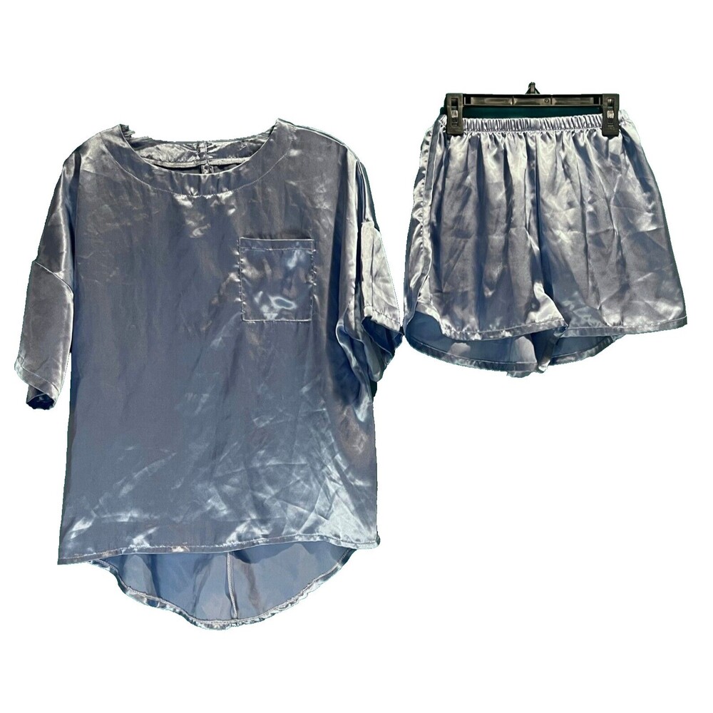 Vintage Satin Sleep Short Set Unisex Size S Powder Blue w/Satin Trim Cozycore